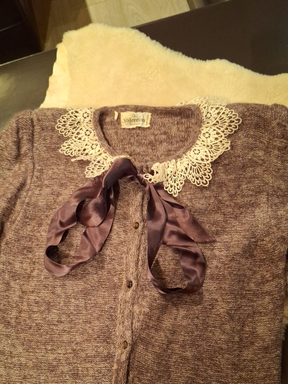 Valentino Vintage Brown Knit Cardigan with Cream Lace Collar